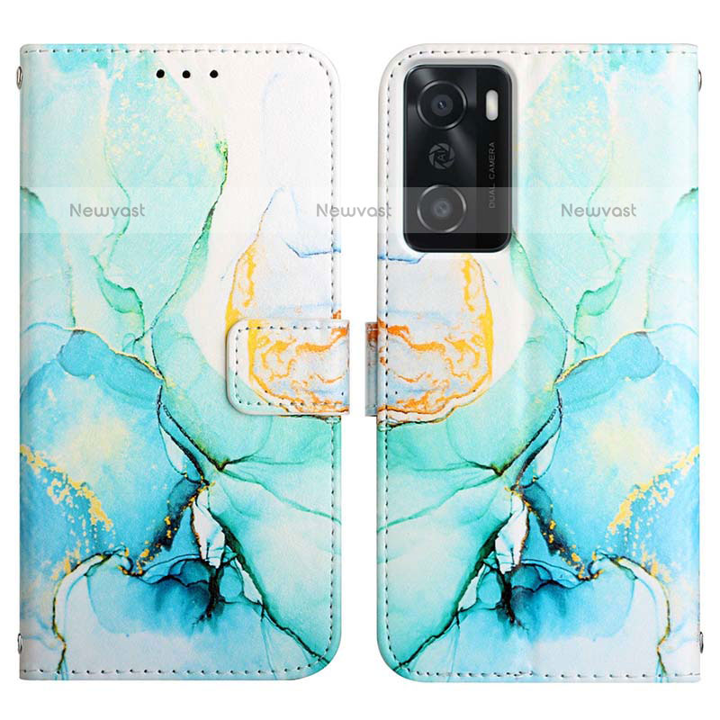 Leather Case Stands Fashionable Pattern Flip Cover Holder Y04B for Oppo A55S 5G Green