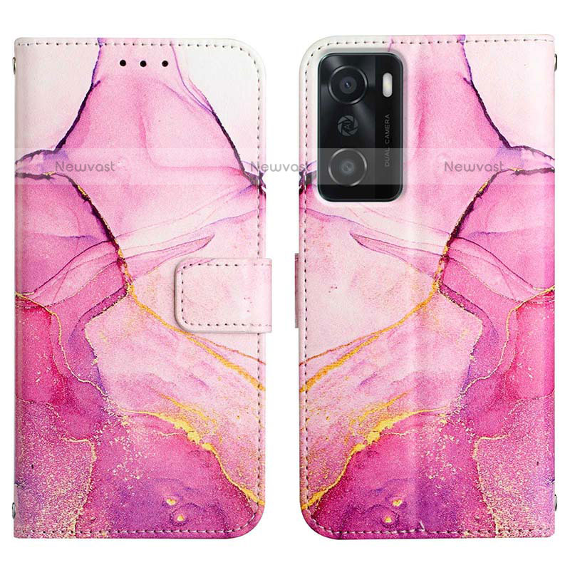 Leather Case Stands Fashionable Pattern Flip Cover Holder Y04B for Oppo A55S 5G Hot Pink