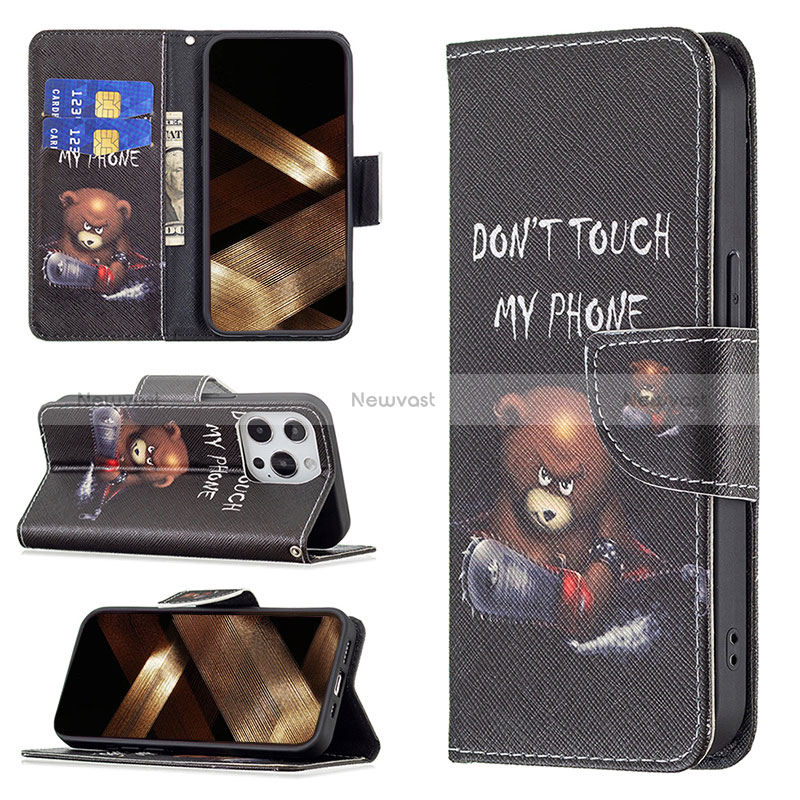 Leather Case Stands Fashionable Pattern Flip Cover L01 Holder for Apple iPhone 14 Pro Max Black