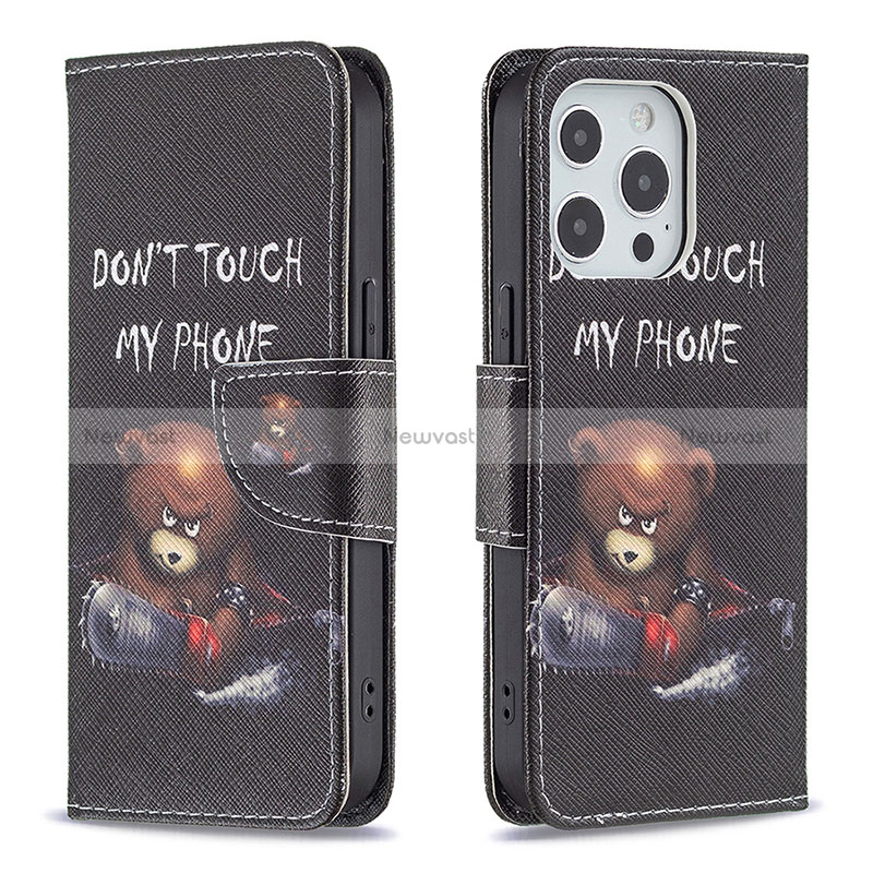 Leather Case Stands Fashionable Pattern Flip Cover L01 Holder for Apple iPhone 14 Pro Max Black