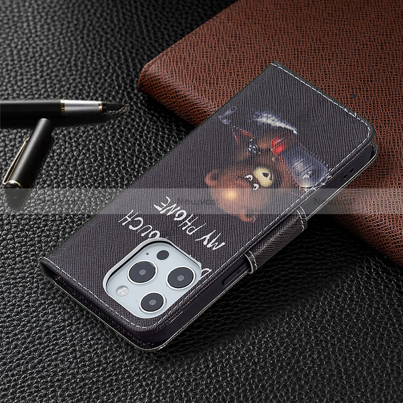 Leather Case Stands Fashionable Pattern Flip Cover L01 Holder for Apple iPhone 15 Pro Black