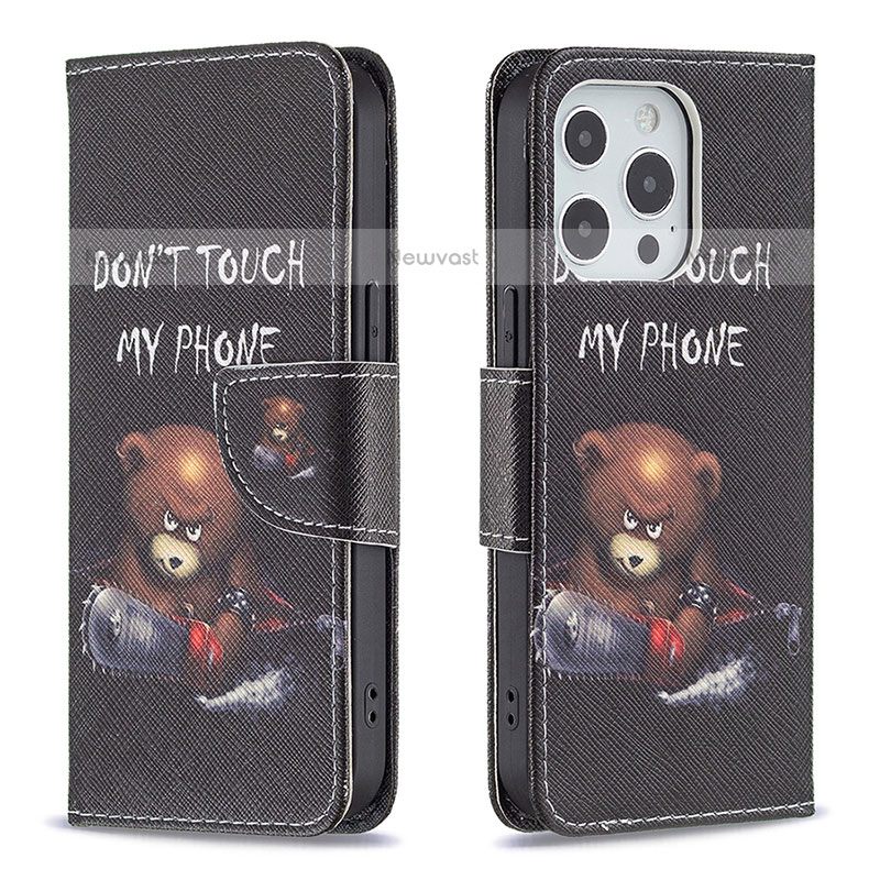 Leather Case Stands Fashionable Pattern Flip Cover L01 Holder for Apple iPhone 15 Pro Max Black