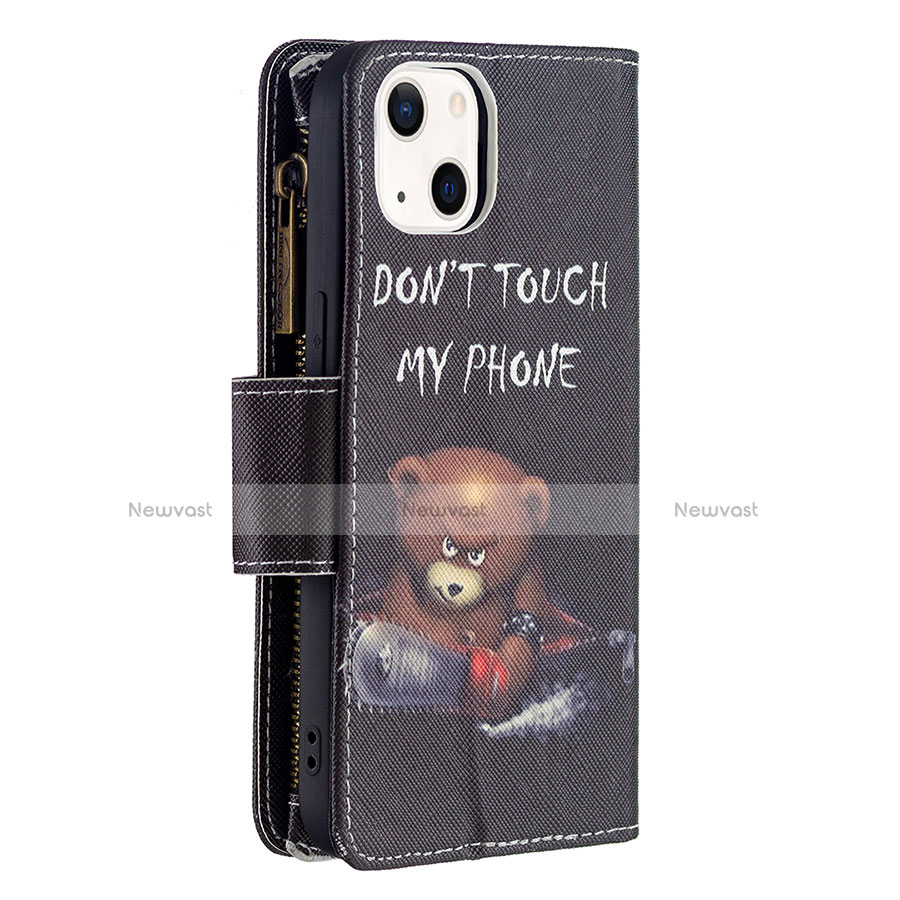 Leather Case Stands Fashionable Pattern Flip Cover L03 Holder for Apple iPhone 13 Black