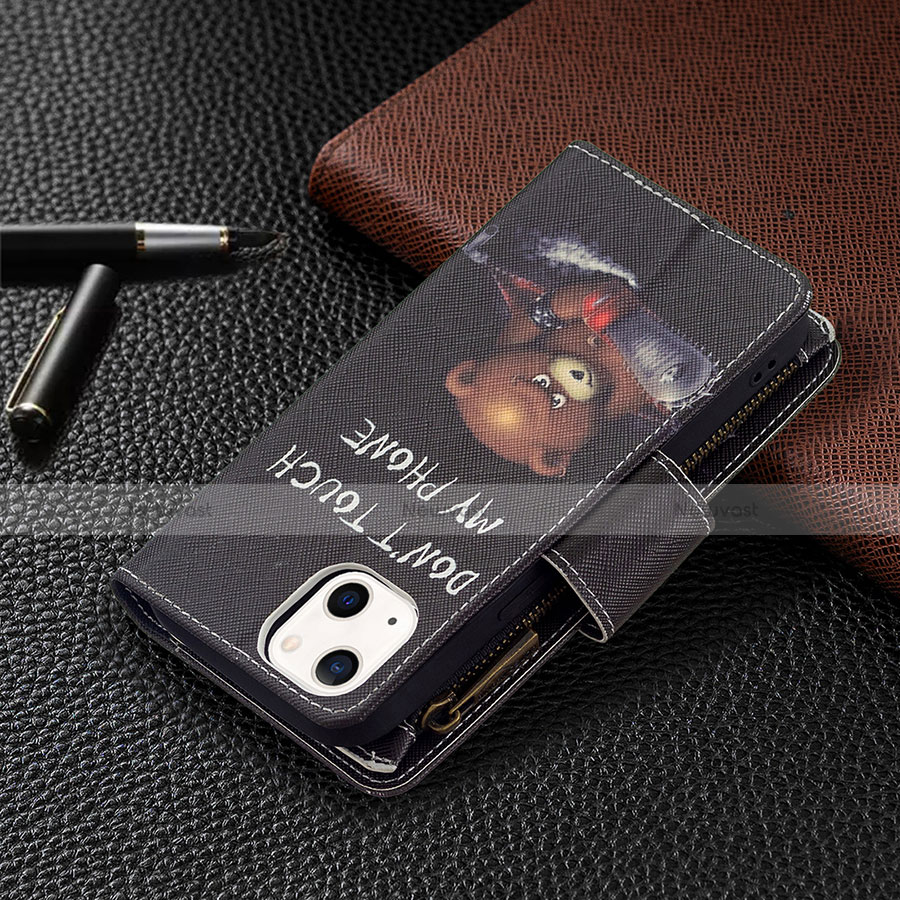 Leather Case Stands Fashionable Pattern Flip Cover L03 Holder for Apple iPhone 13 Mini Black