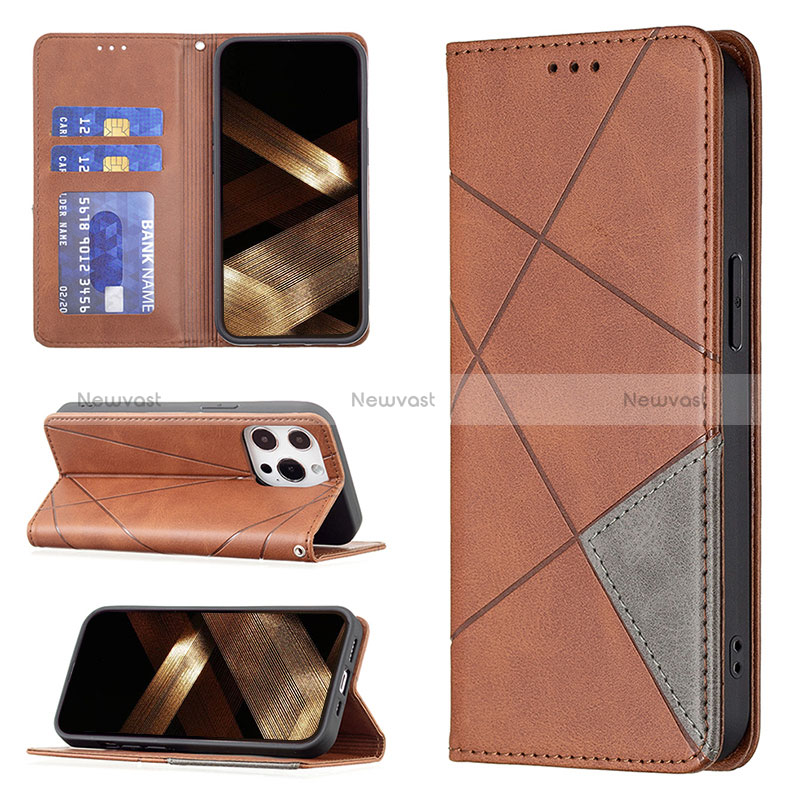 Leather Case Stands Fashionable Pattern Flip Cover L04 Holder for Apple iPhone 15 Pro Brown