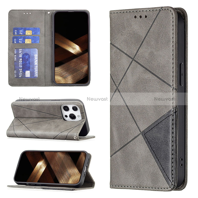 Leather Case Stands Fashionable Pattern Flip Cover L04 Holder for Apple iPhone 15 Pro Gray