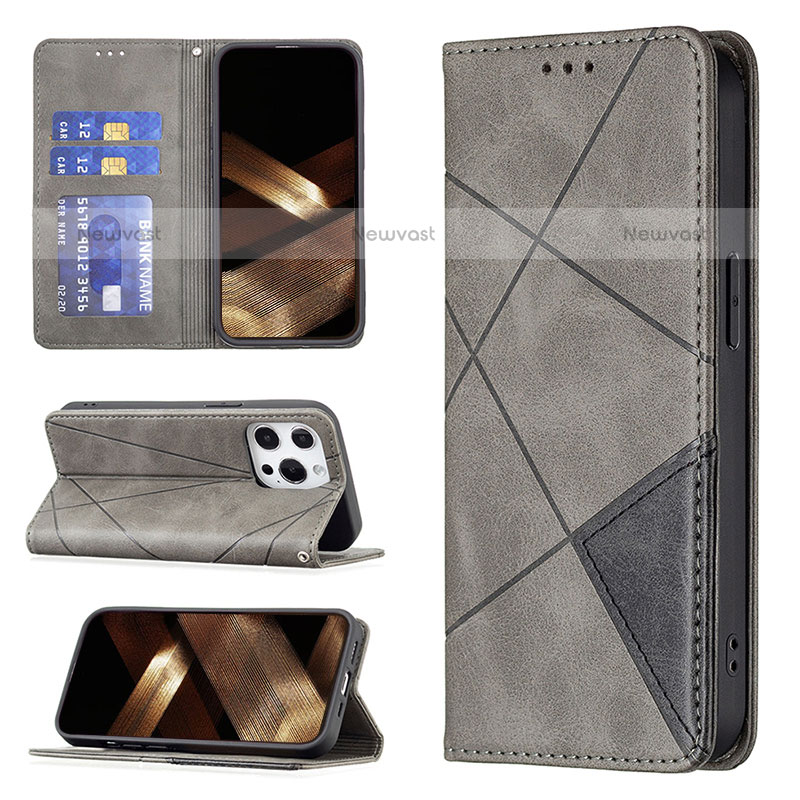 Leather Case Stands Fashionable Pattern Flip Cover L04 Holder for Apple iPhone 15 Pro Max Gray