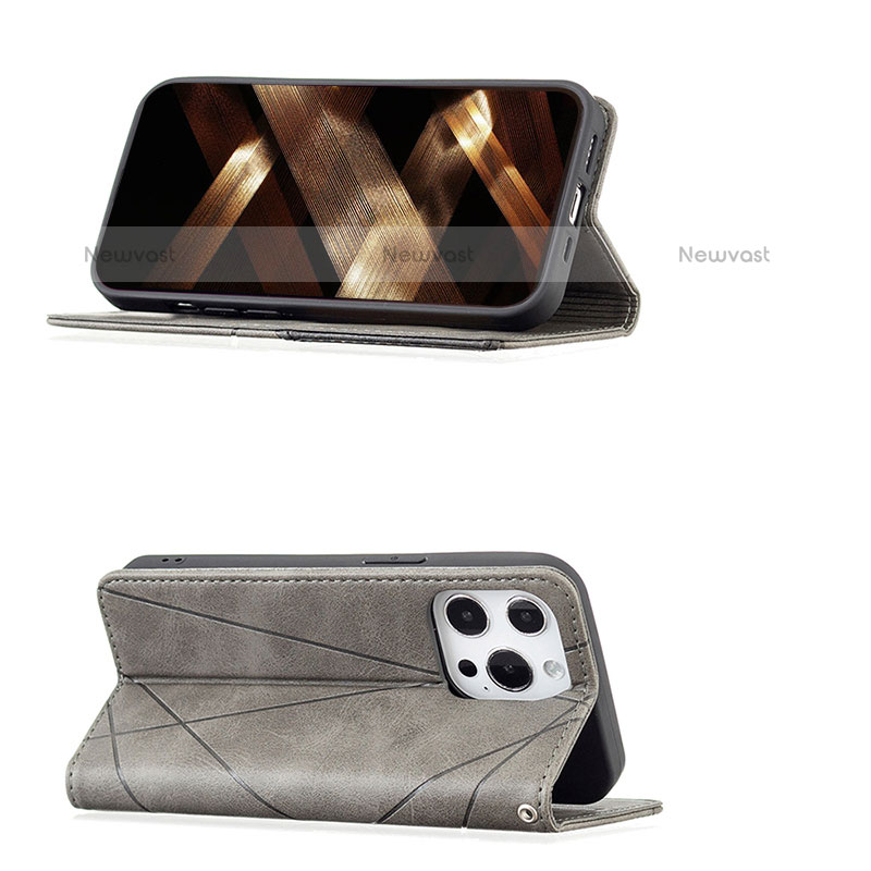 Leather Case Stands Fashionable Pattern Flip Cover L04 Holder for Apple iPhone 15 Pro Max Gray