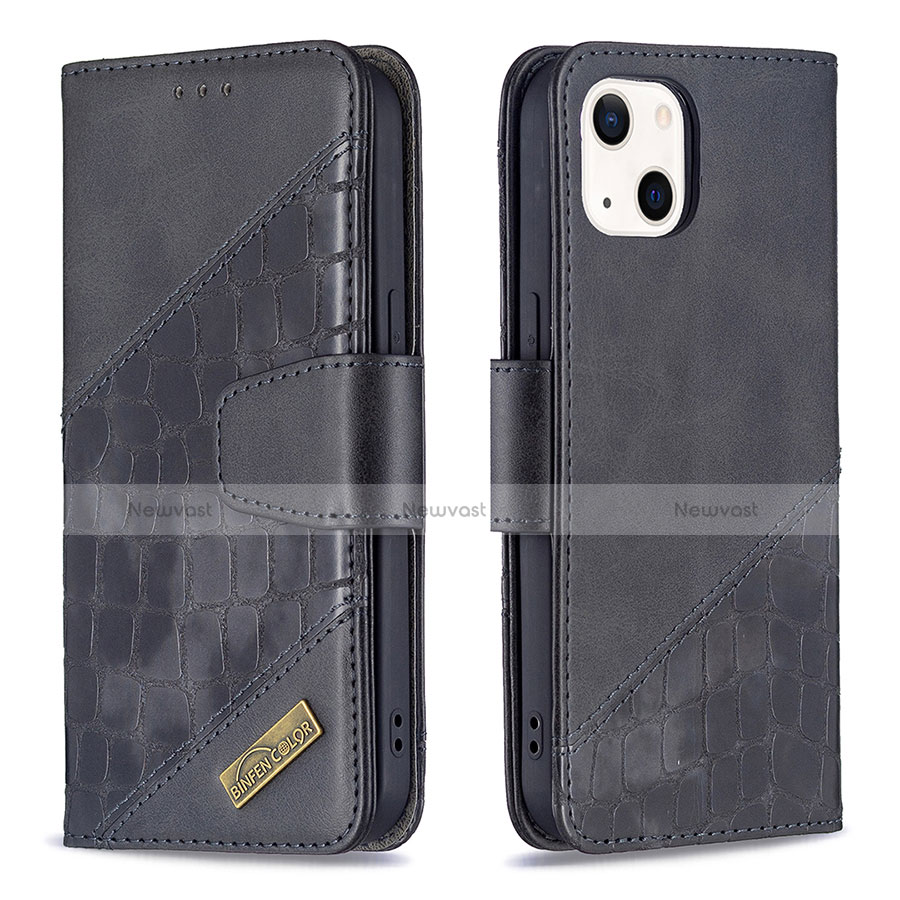 Leather Case Stands Fashionable Pattern Flip Cover L05 Holder for Apple iPhone 13 Black