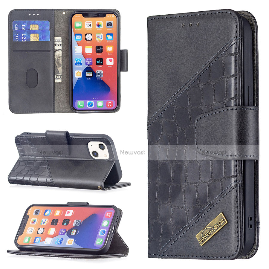 Leather Case Stands Fashionable Pattern Flip Cover L05 Holder for Apple iPhone 13 Black