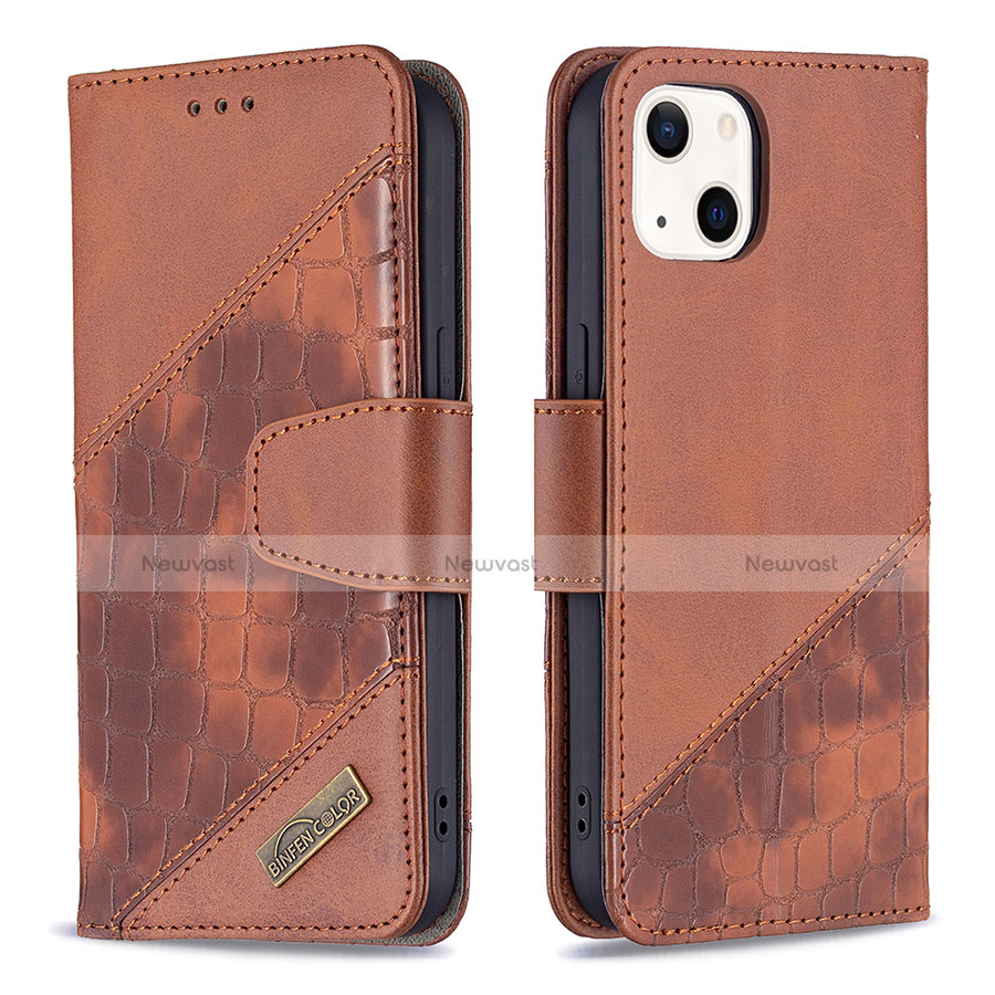 Leather Case Stands Fashionable Pattern Flip Cover L05 Holder for Apple iPhone 13 Brown