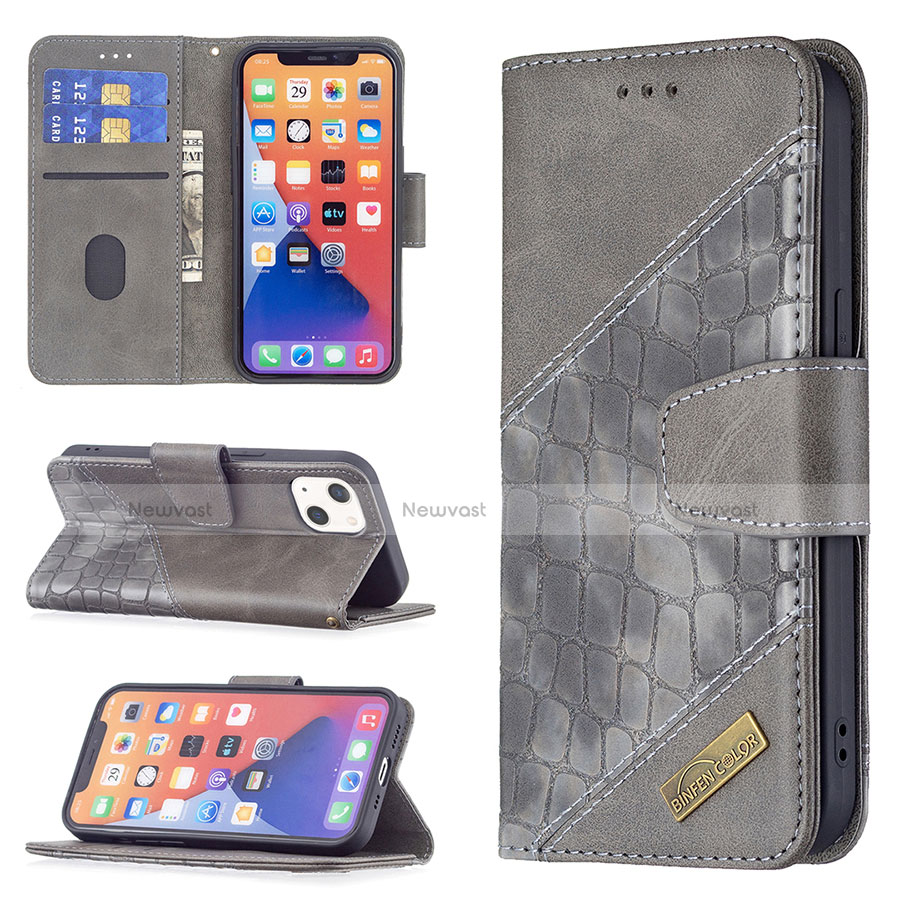 Leather Case Stands Fashionable Pattern Flip Cover L05 Holder for Apple iPhone 13 Gray