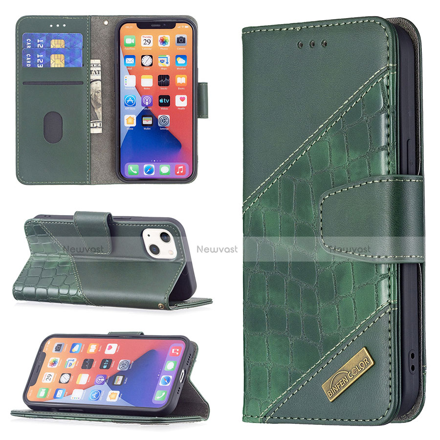 Leather Case Stands Fashionable Pattern Flip Cover L05 Holder for Apple iPhone 13 Green