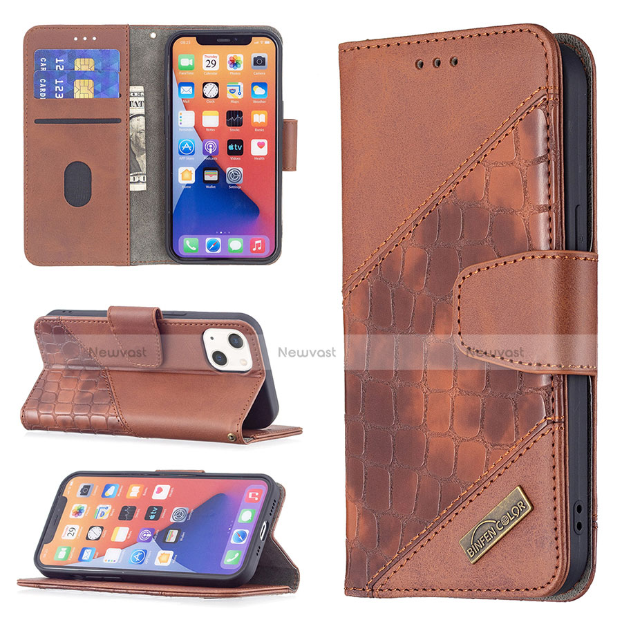 Leather Case Stands Fashionable Pattern Flip Cover L05 Holder for Apple iPhone 13 Mini Brown