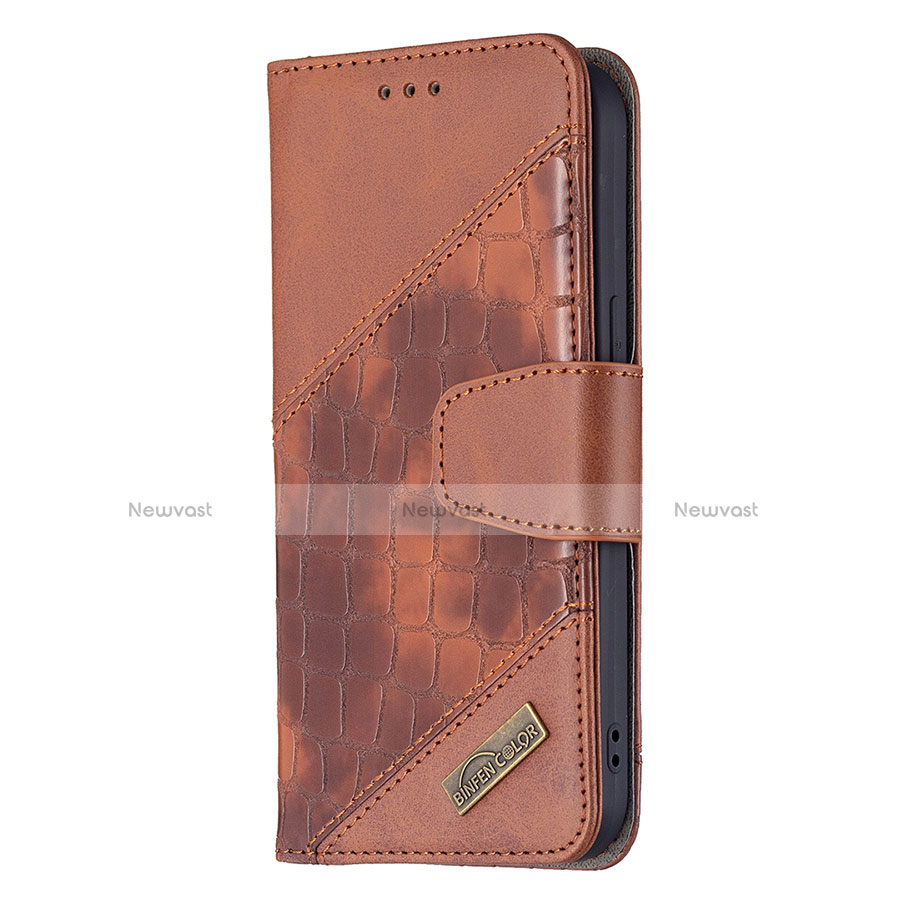 Leather Case Stands Fashionable Pattern Flip Cover L05 Holder for Apple iPhone 13 Mini Brown