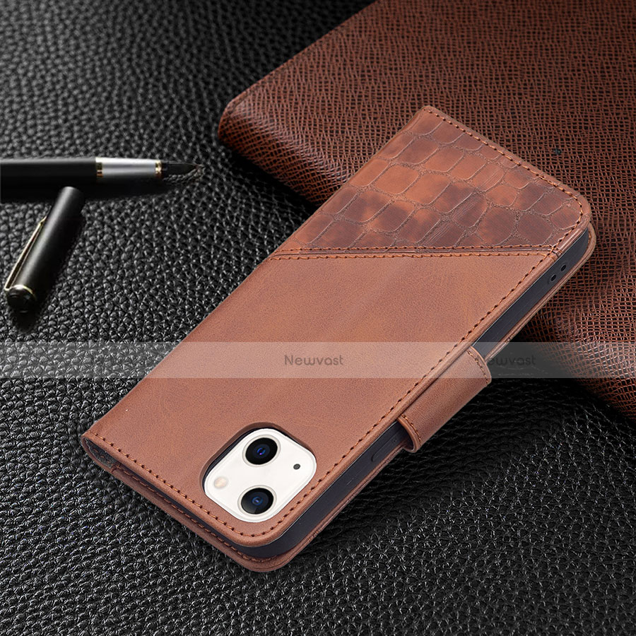 Leather Case Stands Fashionable Pattern Flip Cover L05 Holder for Apple iPhone 13 Mini Brown