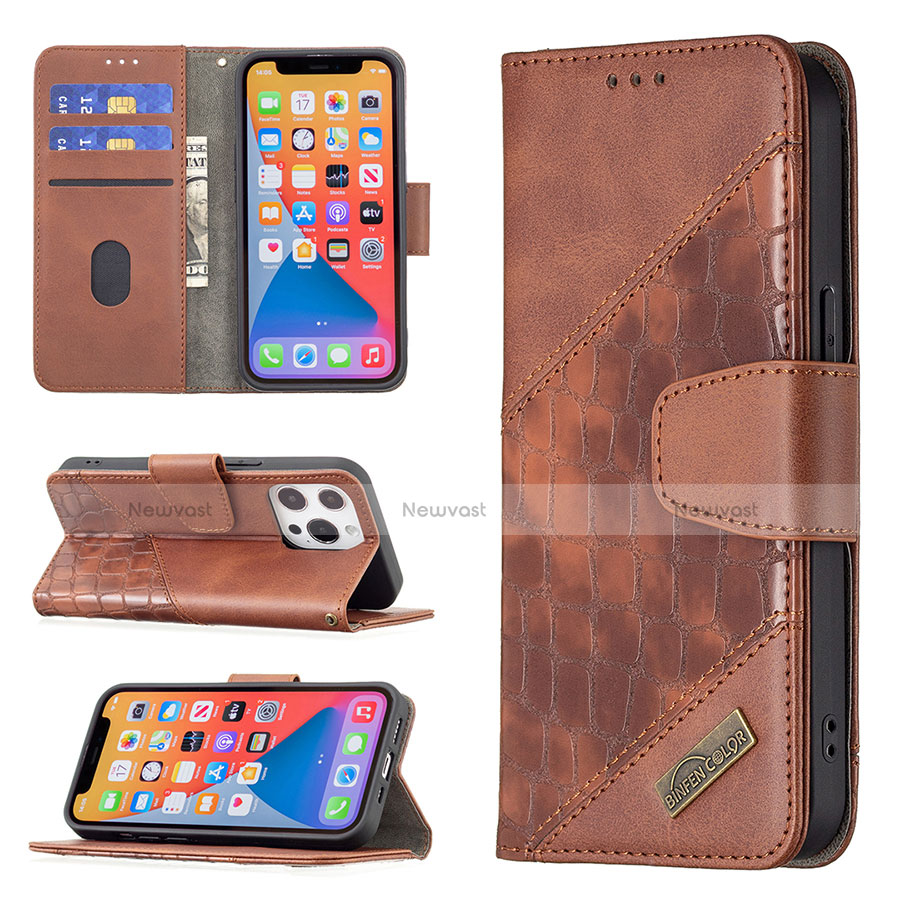 Leather Case Stands Fashionable Pattern Flip Cover L05 Holder for Apple iPhone 13 Pro Max Brown