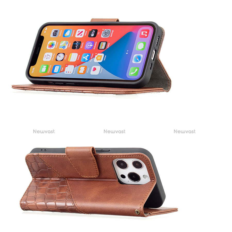 Leather Case Stands Fashionable Pattern Flip Cover L05 Holder for Apple iPhone 13 Pro Max Brown