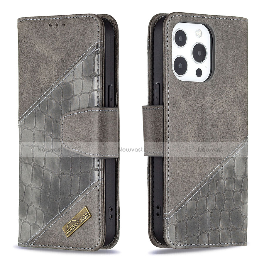 Leather Case Stands Fashionable Pattern Flip Cover L05 Holder for Apple iPhone 13 Pro Max Gray