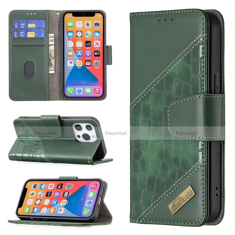 Leather Case Stands Fashionable Pattern Flip Cover L05 Holder for Apple iPhone 13 Pro Max Green