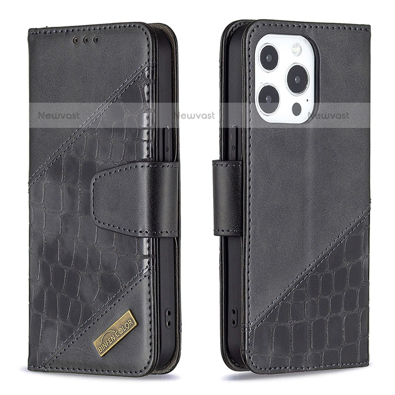 Leather Case Stands Fashionable Pattern Flip Cover L05 Holder for Apple iPhone 14 Pro Black