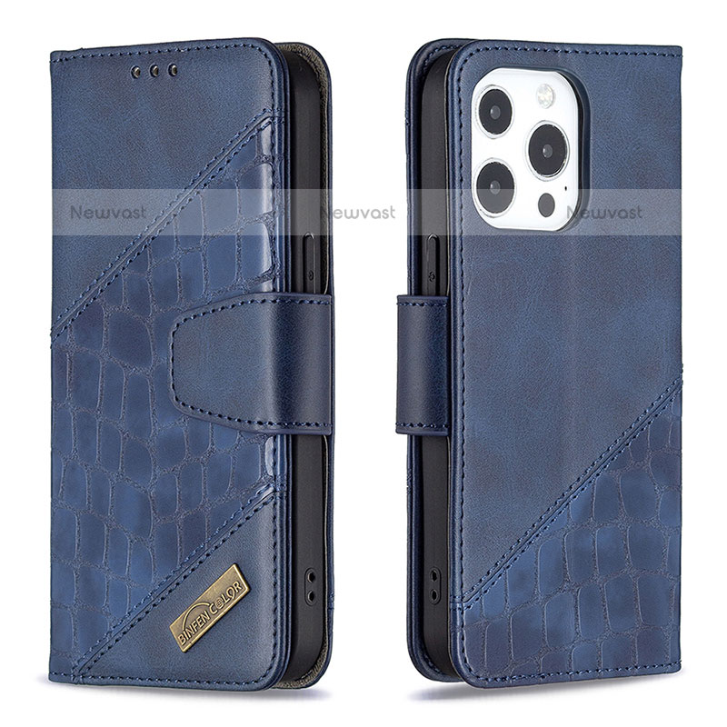 Leather Case Stands Fashionable Pattern Flip Cover L05 Holder for Apple iPhone 14 Pro Blue