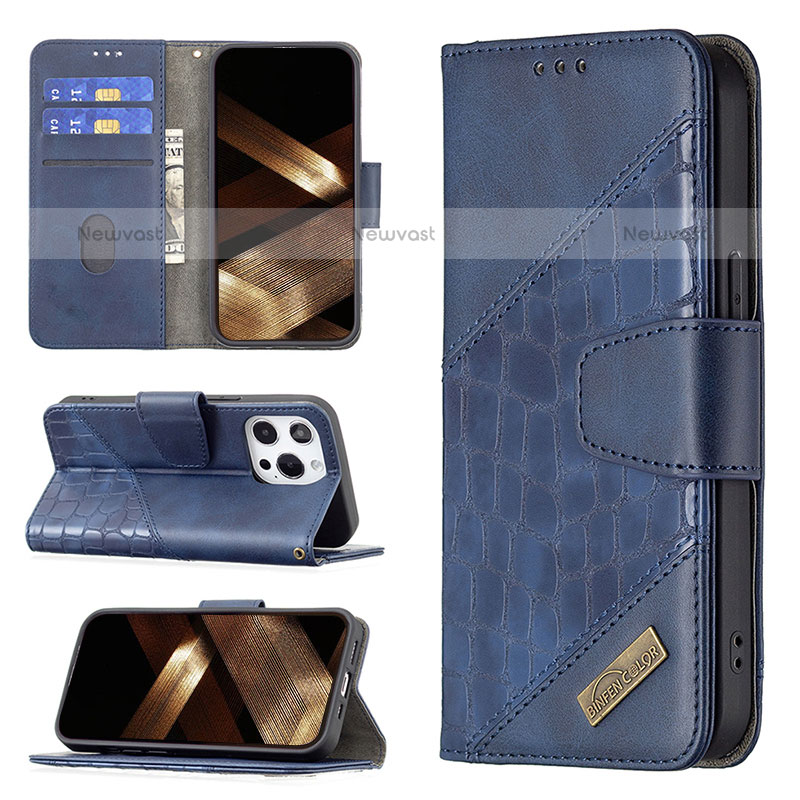 Leather Case Stands Fashionable Pattern Flip Cover L05 Holder for Apple iPhone 14 Pro Blue