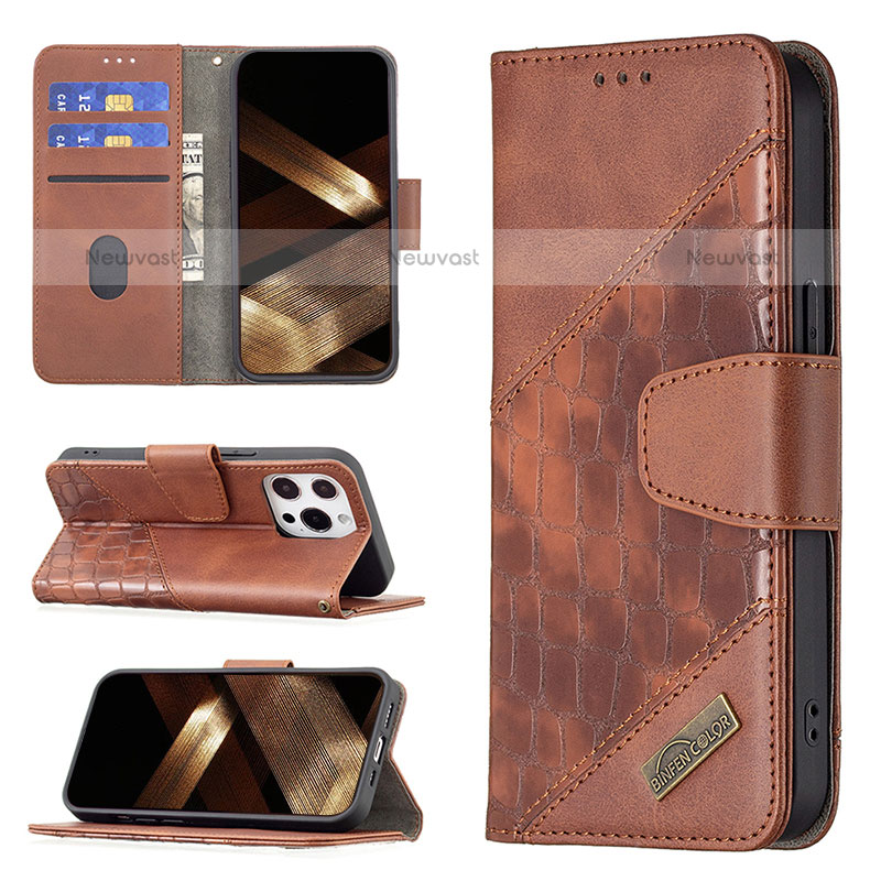 Leather Case Stands Fashionable Pattern Flip Cover L05 Holder for Apple iPhone 14 Pro Brown