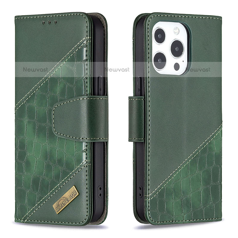 Leather Case Stands Fashionable Pattern Flip Cover L05 Holder for Apple iPhone 14 Pro Green