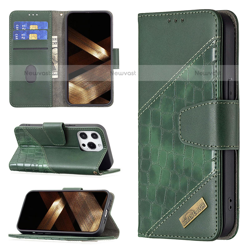 Leather Case Stands Fashionable Pattern Flip Cover L05 Holder for Apple iPhone 14 Pro Green