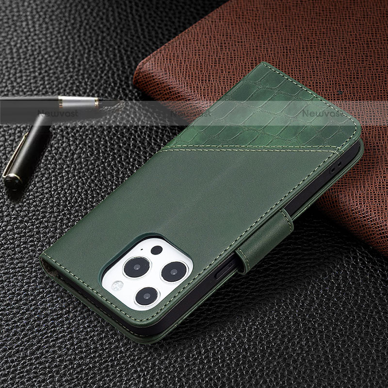 Leather Case Stands Fashionable Pattern Flip Cover L05 Holder for Apple iPhone 14 Pro Green