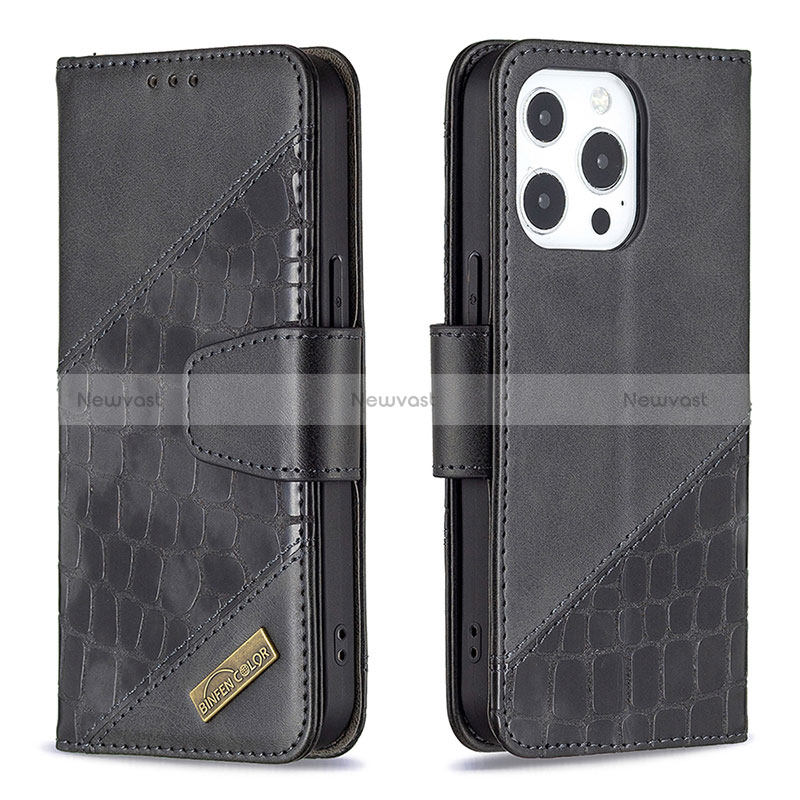 Leather Case Stands Fashionable Pattern Flip Cover L05 Holder for Apple iPhone 14 Pro Max Black