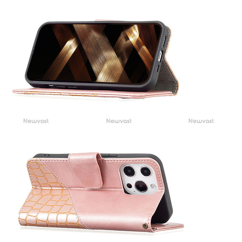 Leather Case Stands Fashionable Pattern Flip Cover L05 Holder for Apple iPhone 14 Pro Max Rose Gold