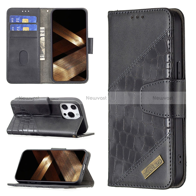 Leather Case Stands Fashionable Pattern Flip Cover L05 Holder for Apple iPhone 15 Pro Black