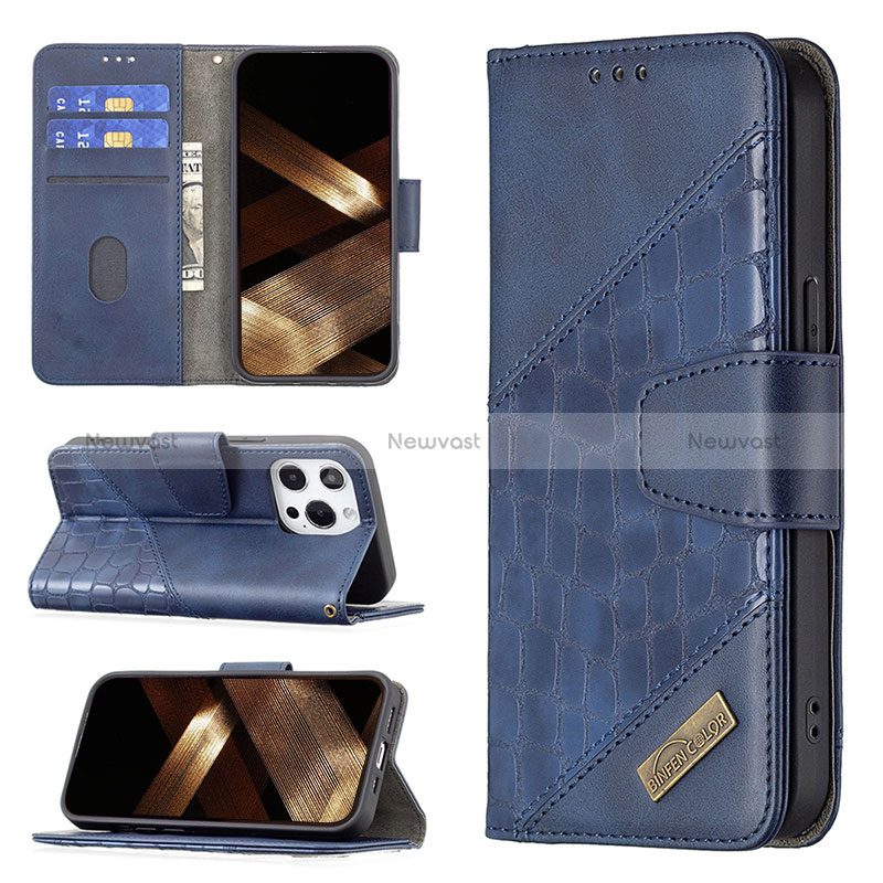 Leather Case Stands Fashionable Pattern Flip Cover L05 Holder for Apple iPhone 15 Pro Blue