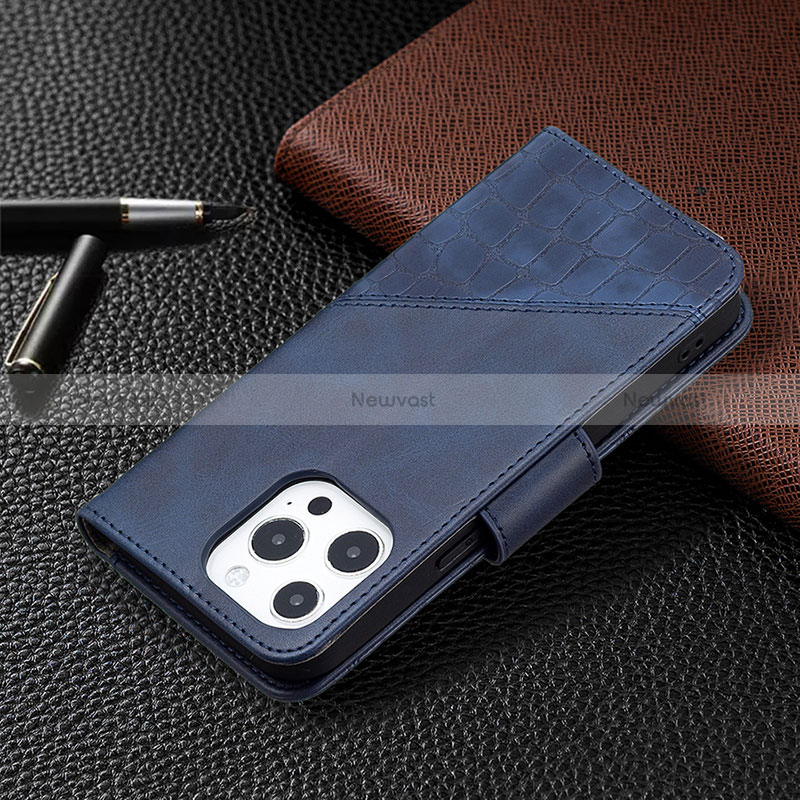 Leather Case Stands Fashionable Pattern Flip Cover L05 Holder for Apple iPhone 15 Pro Blue