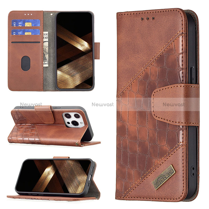 Leather Case Stands Fashionable Pattern Flip Cover L05 Holder for Apple iPhone 15 Pro Brown