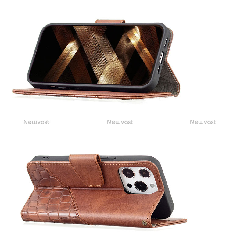 Leather Case Stands Fashionable Pattern Flip Cover L05 Holder for Apple iPhone 15 Pro Brown