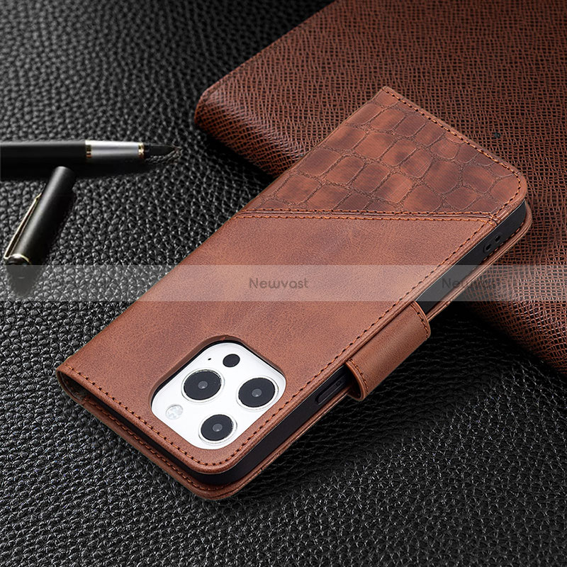 Leather Case Stands Fashionable Pattern Flip Cover L05 Holder for Apple iPhone 15 Pro Brown