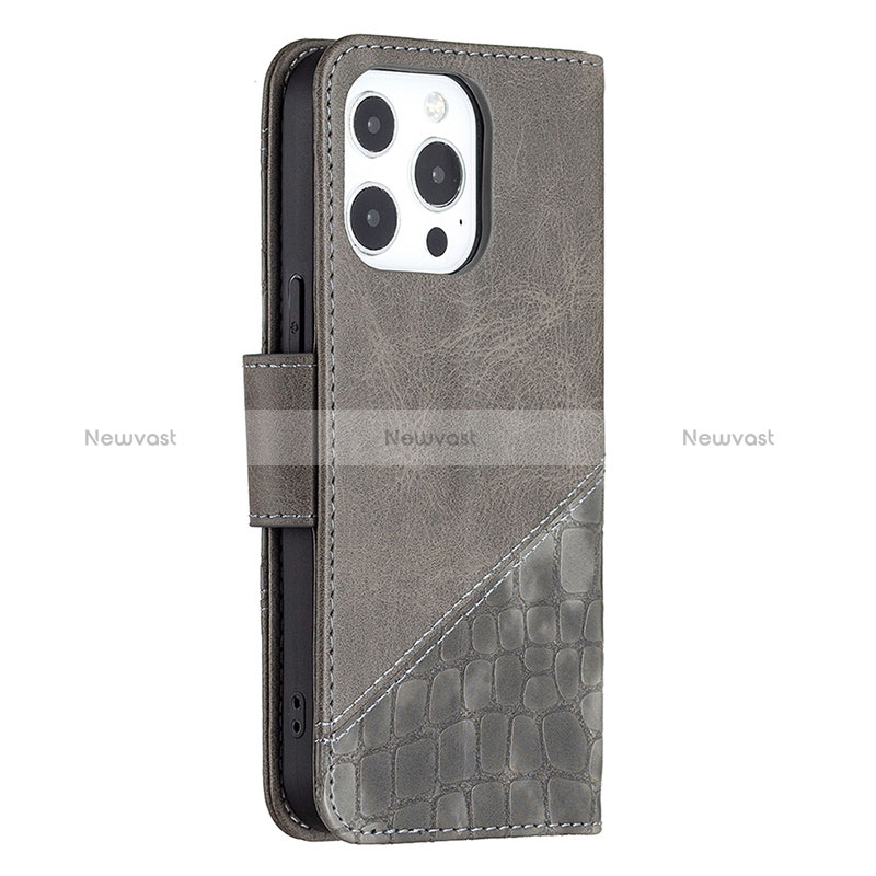 Leather Case Stands Fashionable Pattern Flip Cover L05 Holder for Apple iPhone 15 Pro Gray