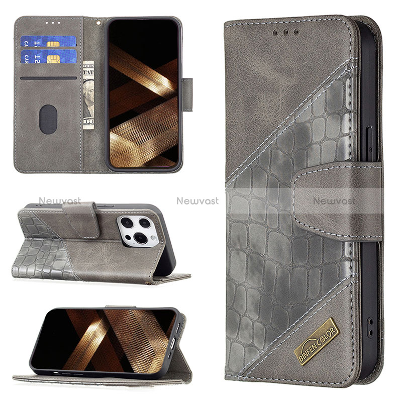 Leather Case Stands Fashionable Pattern Flip Cover L05 Holder for Apple iPhone 15 Pro Gray