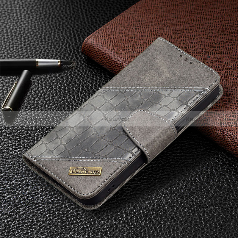 Leather Case Stands Fashionable Pattern Flip Cover L05 Holder for Apple iPhone 15 Pro Gray