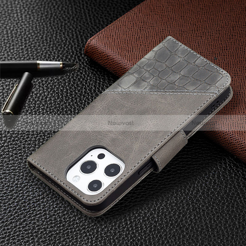 Leather Case Stands Fashionable Pattern Flip Cover L05 Holder for Apple iPhone 15 Pro Gray