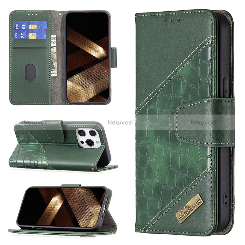 Leather Case Stands Fashionable Pattern Flip Cover L05 Holder for Apple iPhone 15 Pro Green