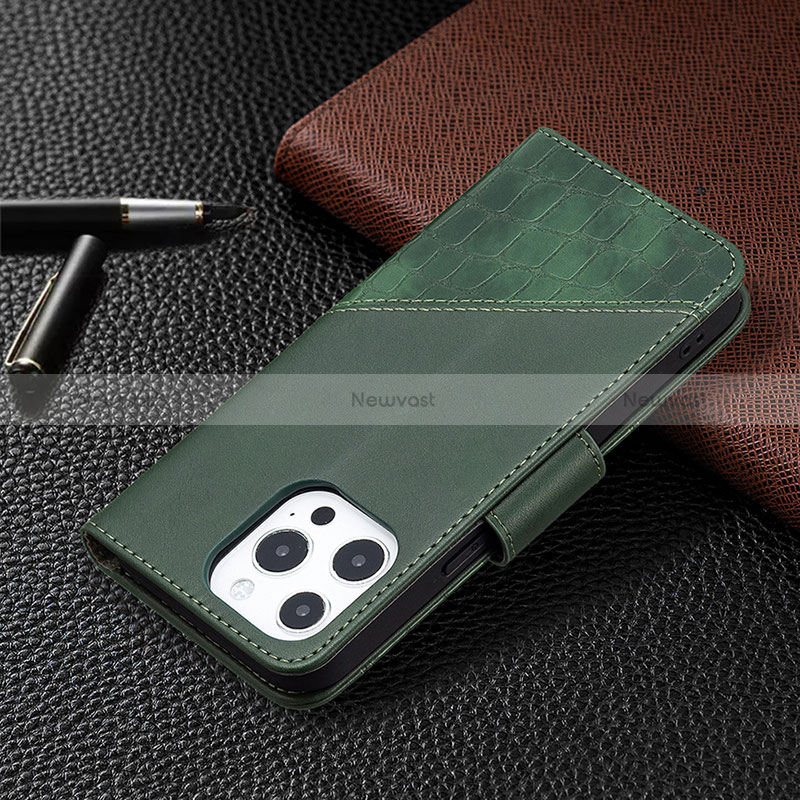 Leather Case Stands Fashionable Pattern Flip Cover L05 Holder for Apple iPhone 15 Pro Green