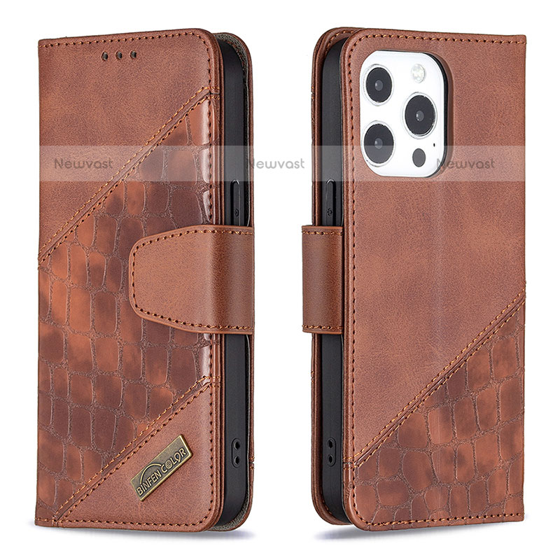 Leather Case Stands Fashionable Pattern Flip Cover L05 Holder for Apple iPhone 15 Pro Max Brown