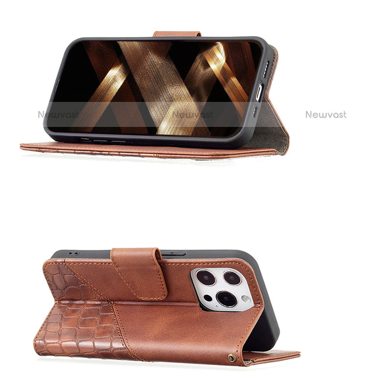 Leather Case Stands Fashionable Pattern Flip Cover L05 Holder for Apple iPhone 15 Pro Max Brown