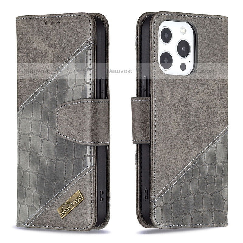 Leather Case Stands Fashionable Pattern Flip Cover L05 Holder for Apple iPhone 15 Pro Max Gray