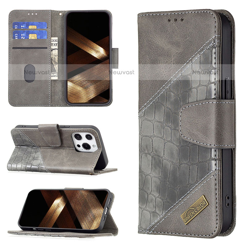 Leather Case Stands Fashionable Pattern Flip Cover L05 Holder for Apple iPhone 15 Pro Max Gray