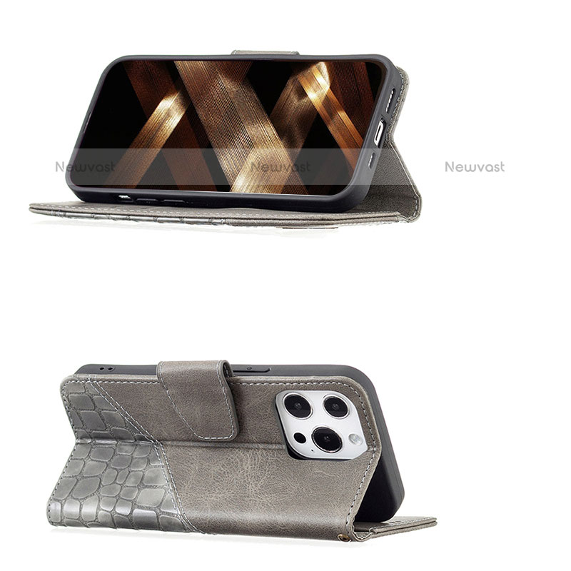 Leather Case Stands Fashionable Pattern Flip Cover L05 Holder for Apple iPhone 15 Pro Max Gray